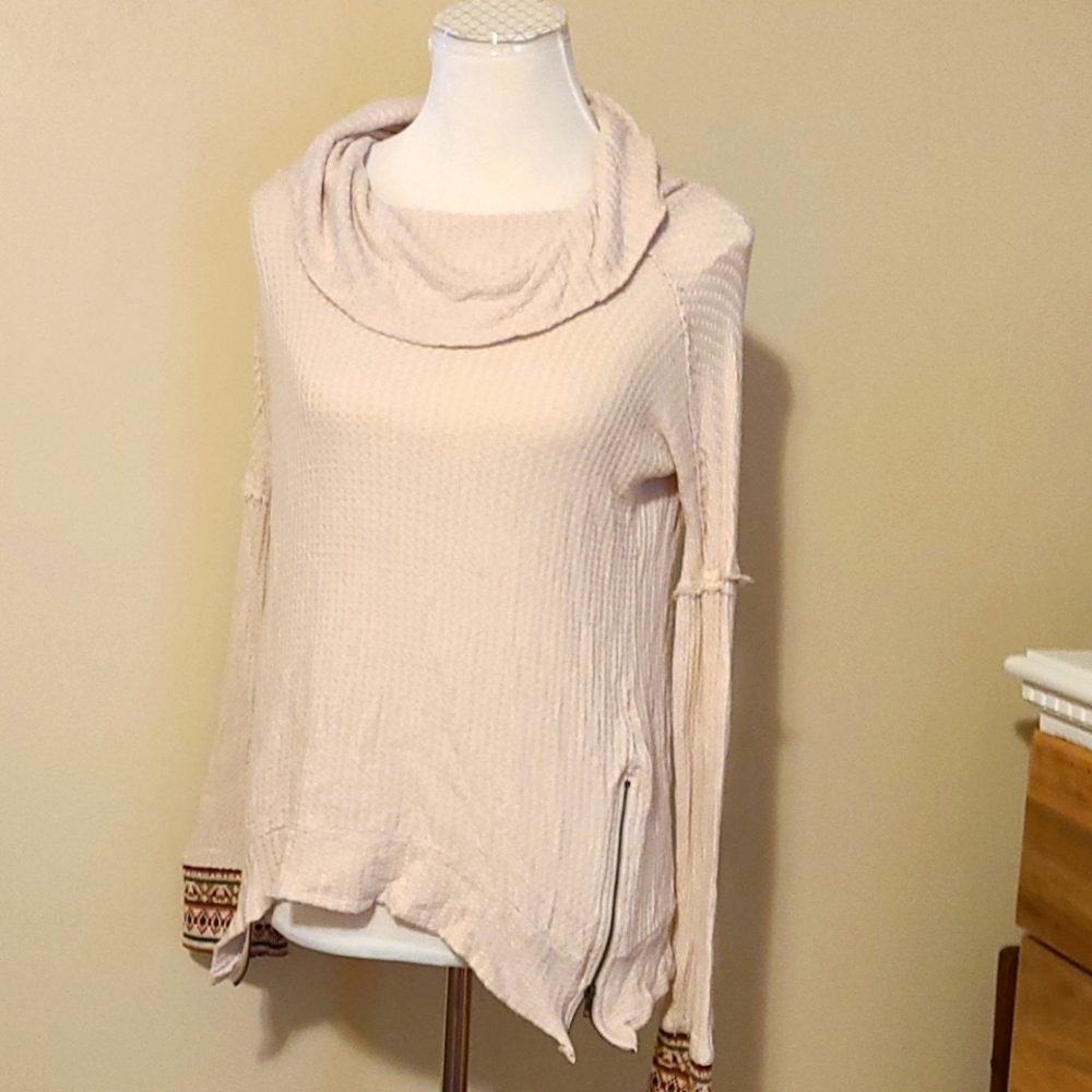 Paper Crane Cowl Neck Waffle Knit Sweater Zipper Detail Fair Isle Cuffs